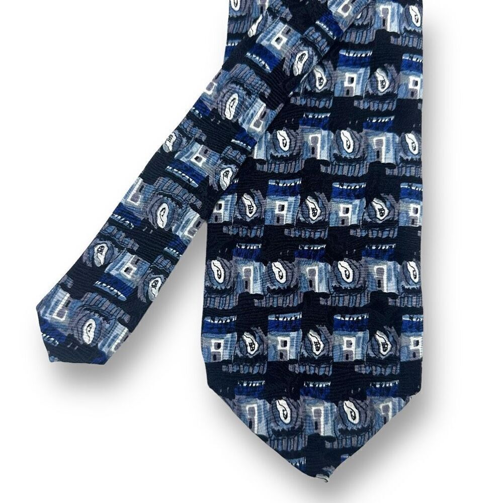 J Garcia Men's 100% Silk Necktie Multishade Blue Retro Abstract Print Eclectic
